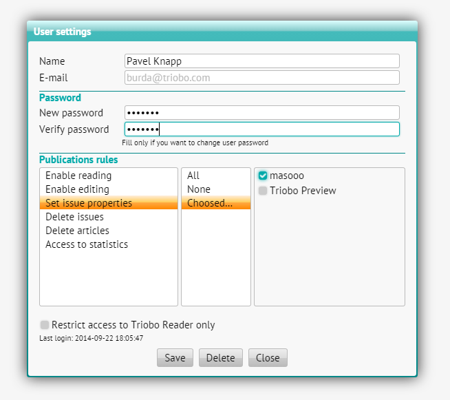 Triobo - setting of multi-user access rules