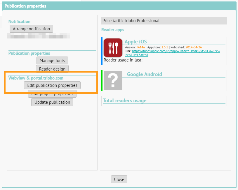 Settings of publication properties