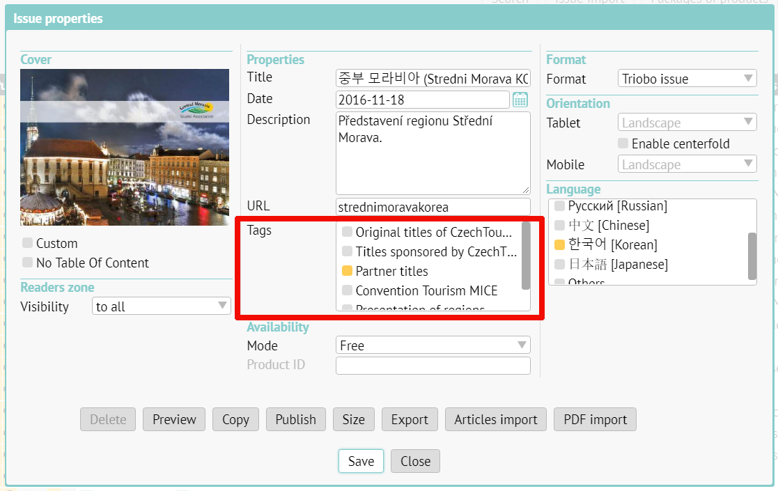 Issue properties, tags definition