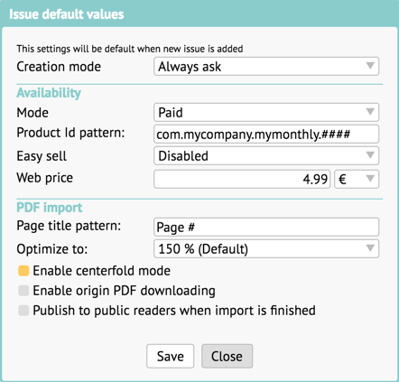 Default issues values