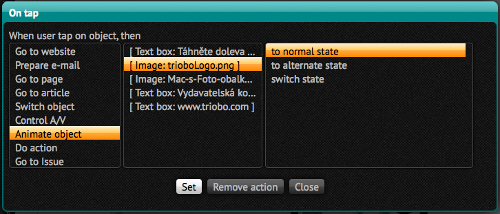 Triobo nastavení akce Na dotek