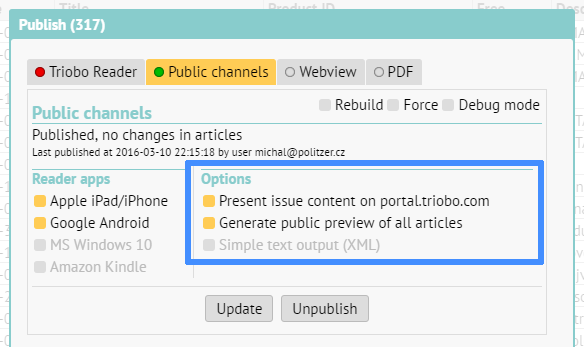 Publishing dialog